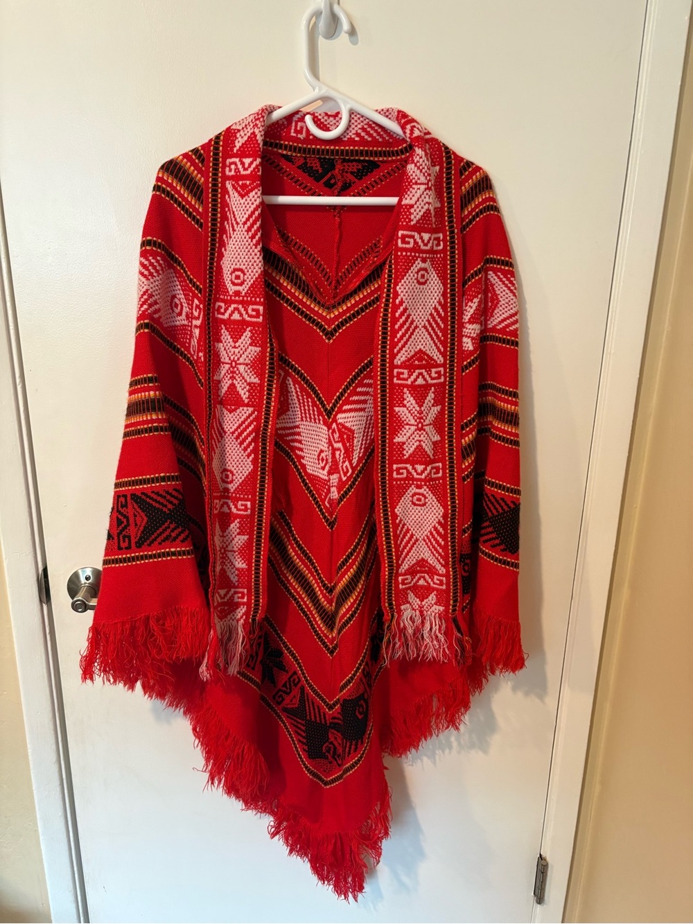 Red Patterned Vintage Fringe Poncho
